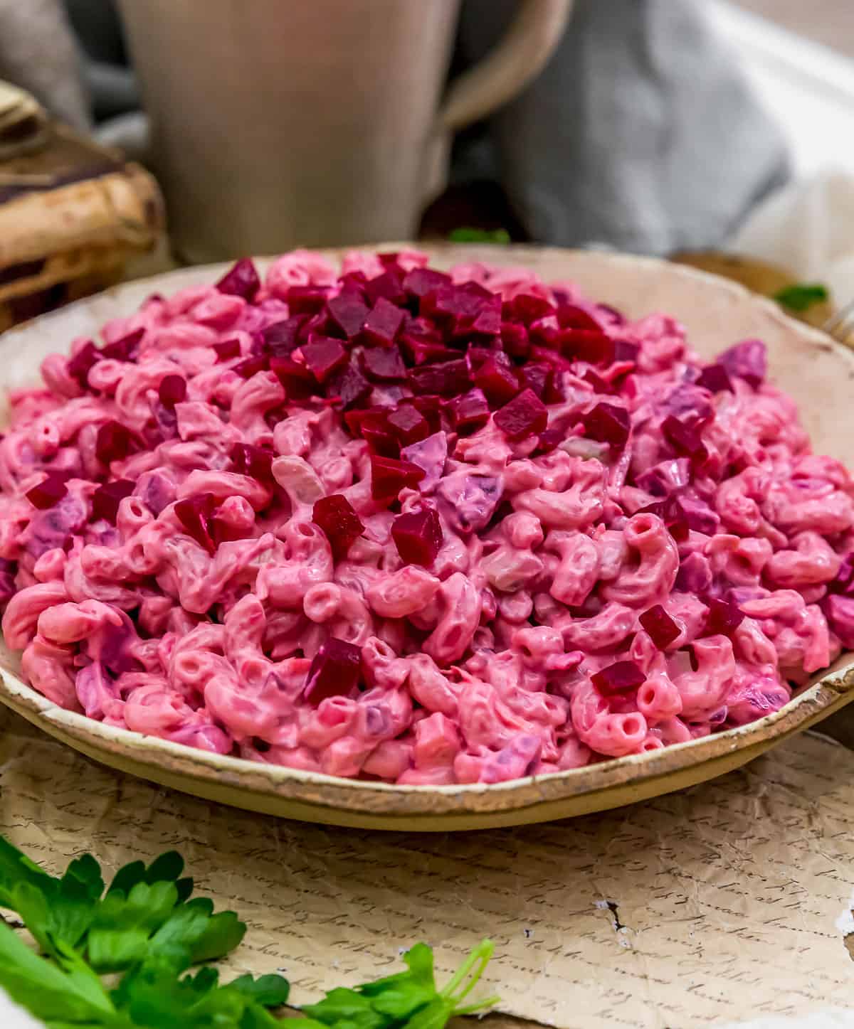 Close up of Vegan Beet Macaroni Salad