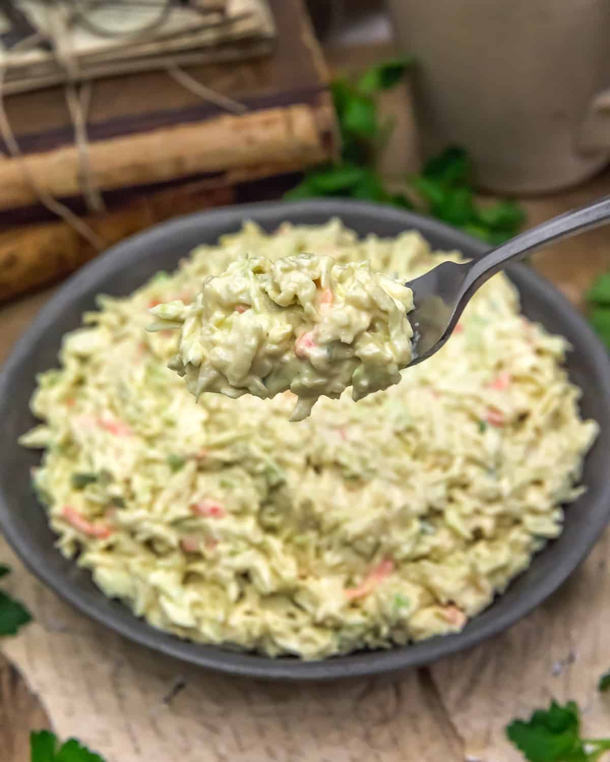 Forkful of Vegan KFC Coleslaw (Copycat)