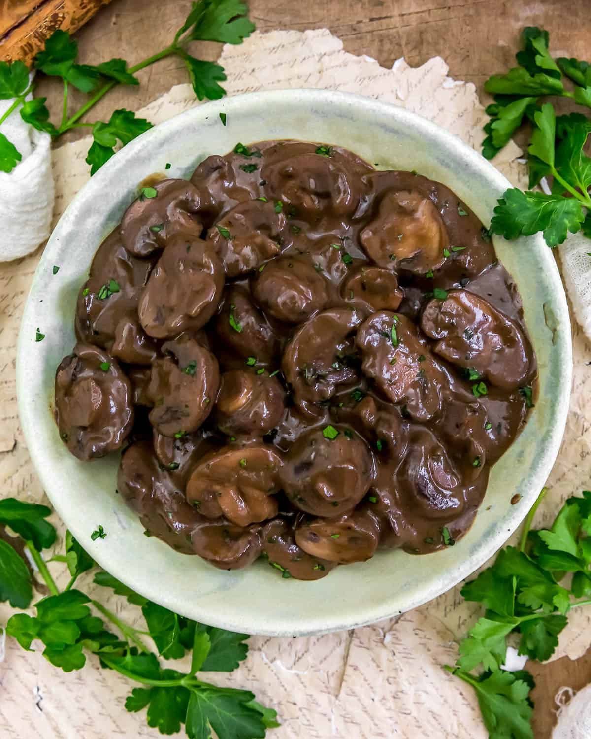 Bowl of Vegan Steakhouse Mushrooms in Red Wine Sauce