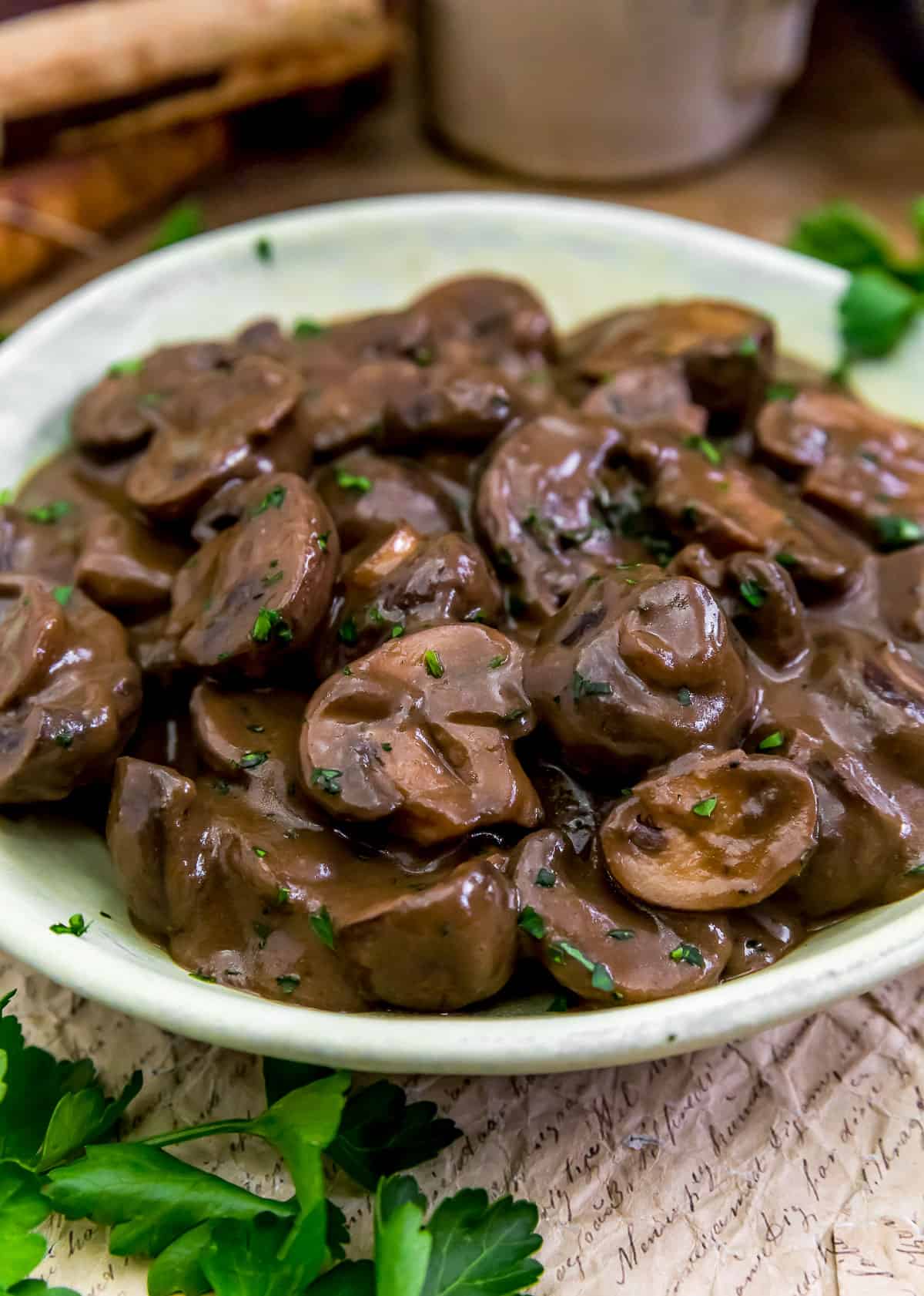 Close up of Vegan Steakhouse Mushrooms in Red Wine Sauce