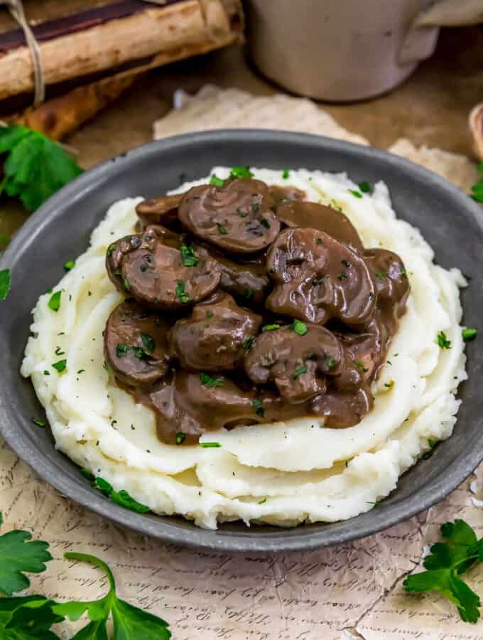 Vegan Steakhouse Mushrooms in Red Wine Sauce over mashed potatoes