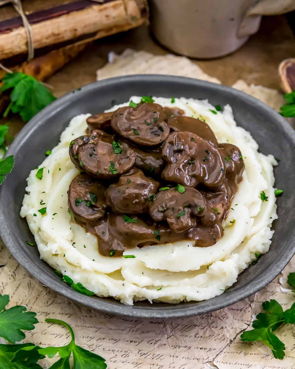 Vegan Steakhouse Mushrooms in Red Wine Sauce over mashed potatoes