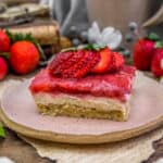 Close up of Vegan Strawberry Cheesecake Dessert