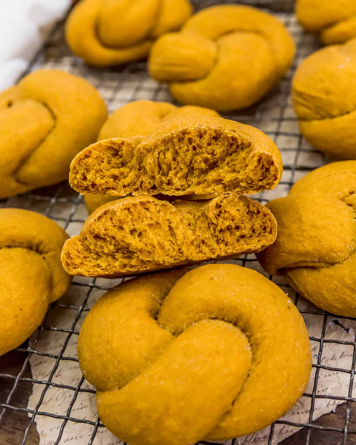 Whole Grain Pumpkin Knot Rolls cut open