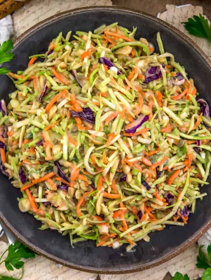 Bowl of Easy Sweet and Tangy Broccoli Slaw
