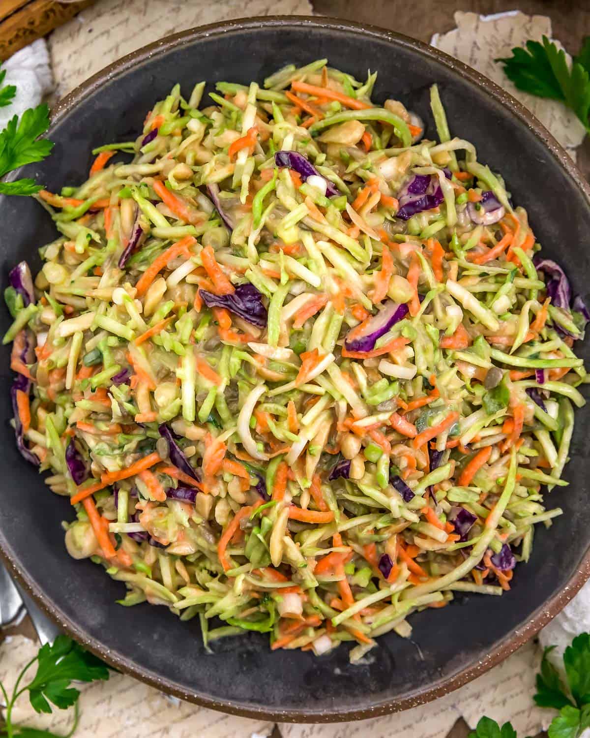 Bowl of Easy Sweet and Tangy Broccoli Slaw