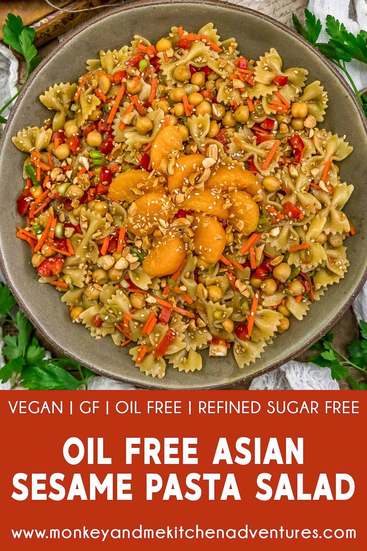 Oil Free Asian Sesame Pasta Salad with text description