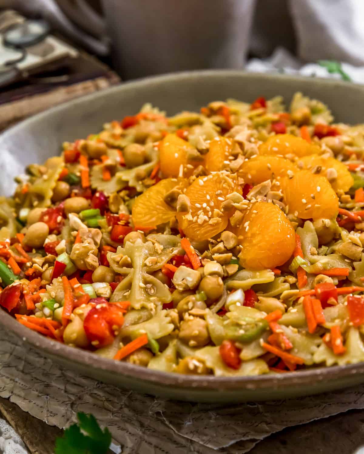 Close up of Oil Free Asian Sesame Pasta Salad