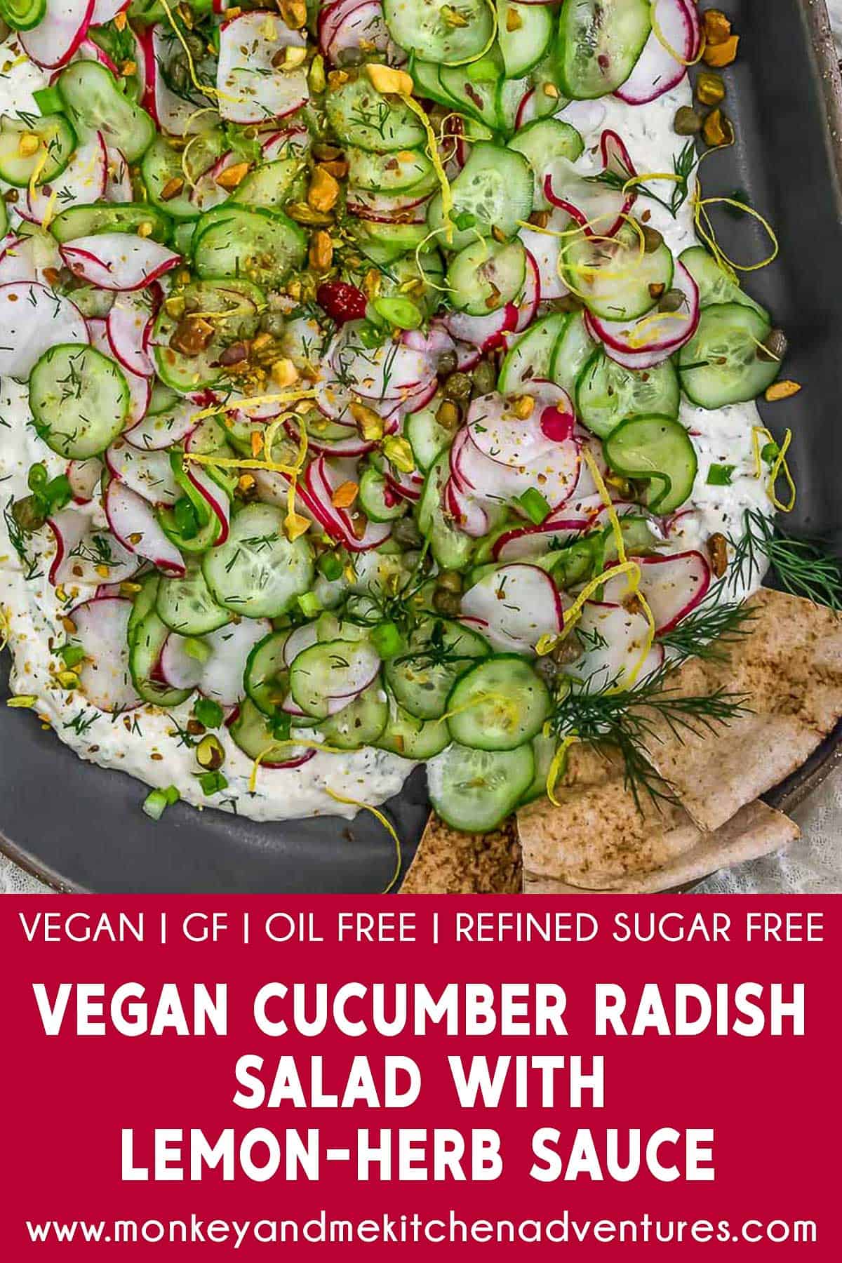 Vegan Cucumber Radish Salad with Lemon-Herb Sauce with text description
