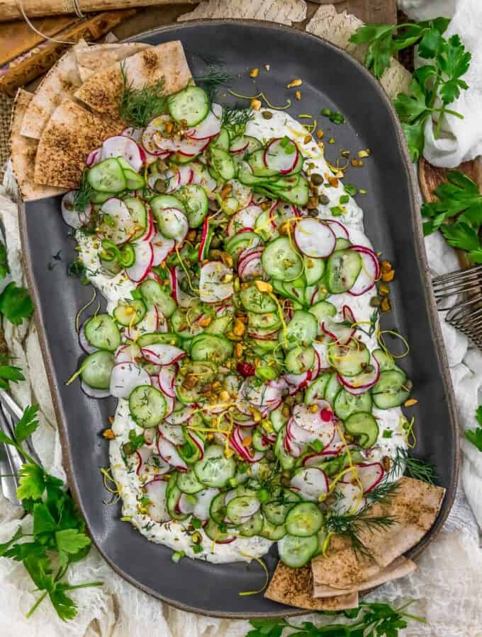 Platter of Vegan Cucumber Radish Salad with Lemon-Herb Sauce