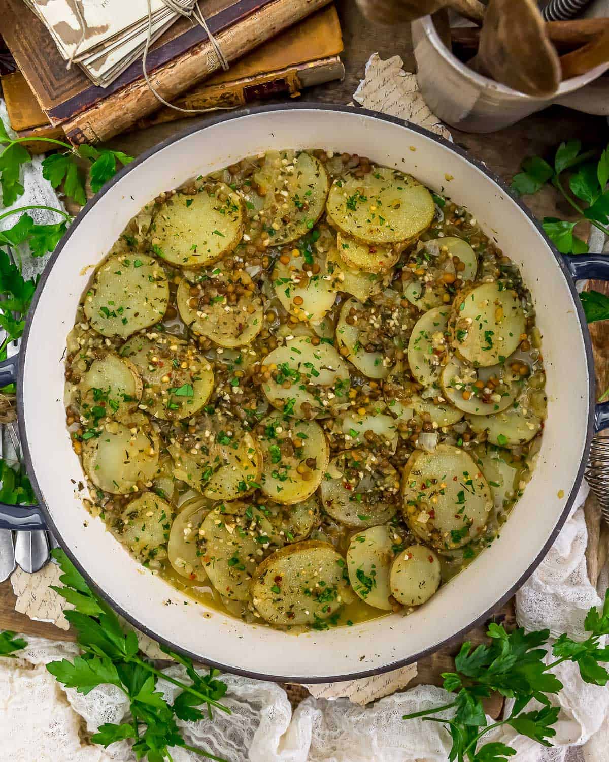 Tablescape of Easy Vegan “Sausage” and Potatoes Skillet