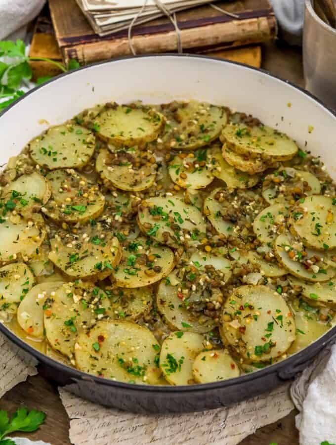 Close up of Easy Vegan “Sausage” and Potatoes Skillet