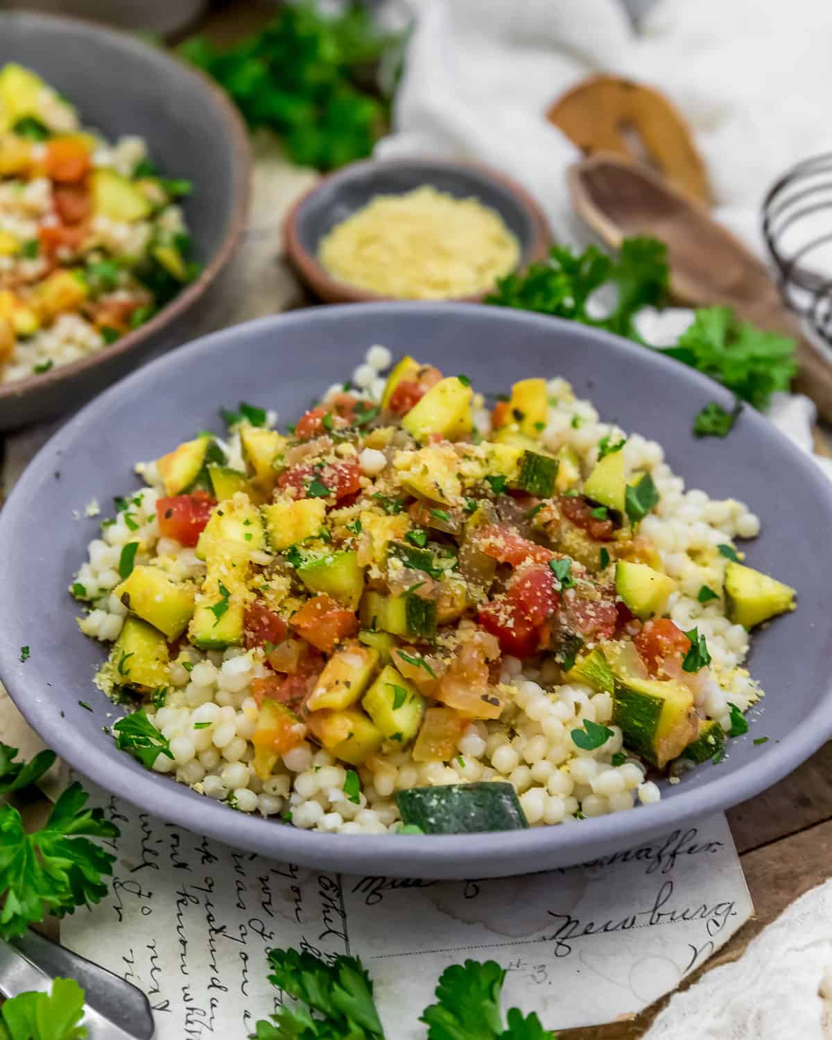 Easy Zucchini Tomato Onion Skillet over cous cous