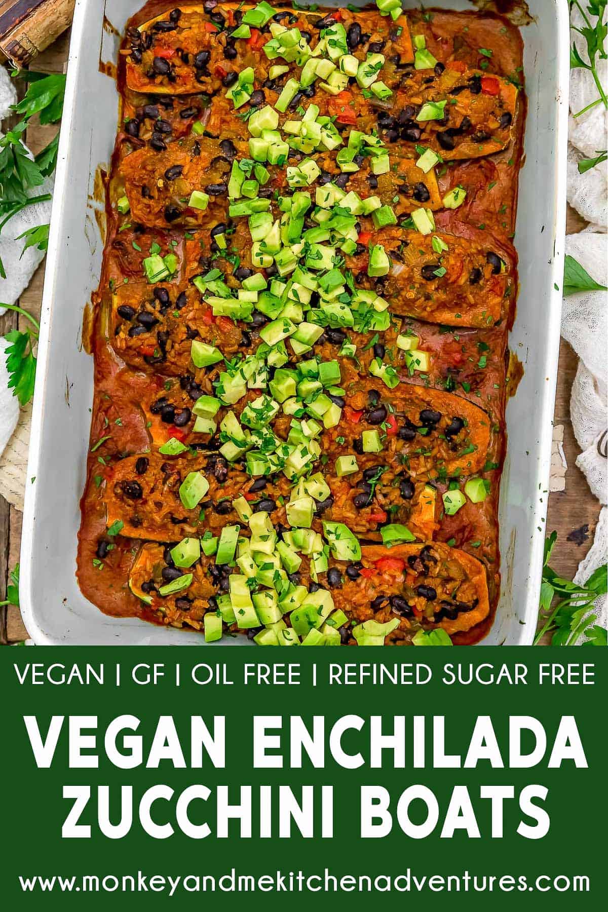 Vegan Enchilada Zucchini Boats with text description
