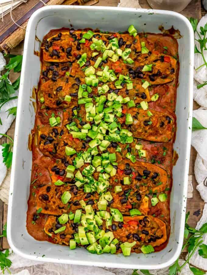 Casserole dish of Vegan Enchilada Zucchini Boats