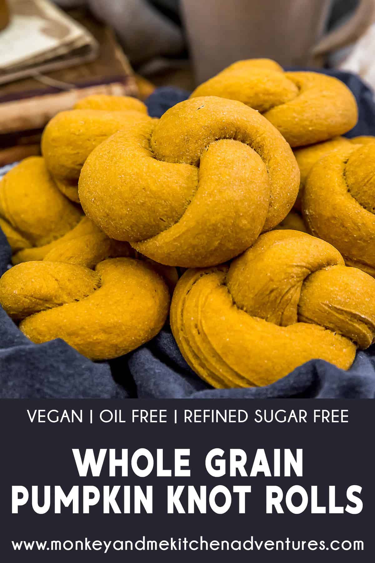 Whole Grain Pumpkin Knot Rolls with text description