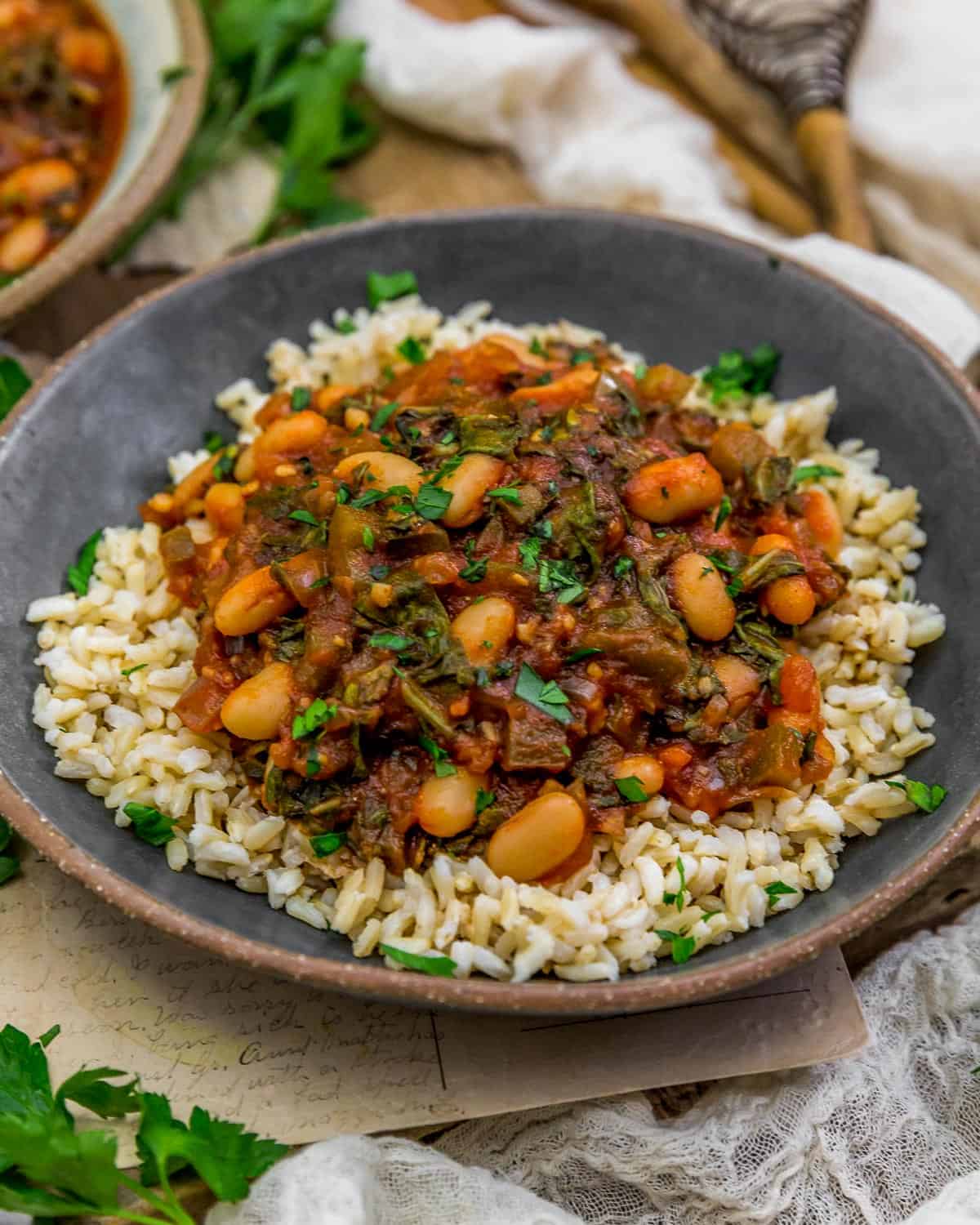 BBQ Braised Kale and Beans Skillet over rice