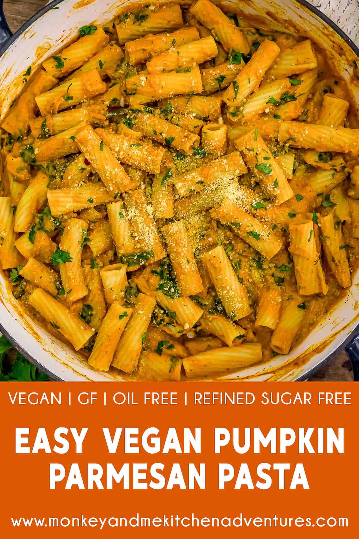 Easy Vegan Pumpkin Parmesan Pasta with text description