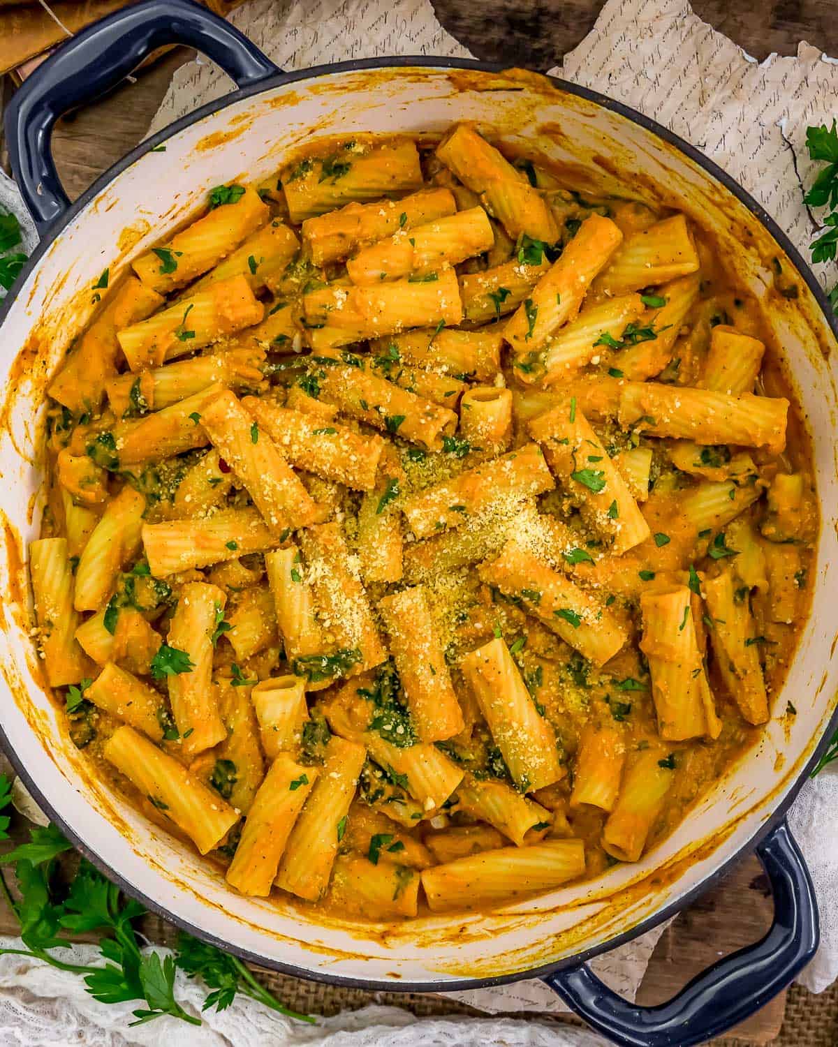 Skillet of Easy Vegan Pumpkin Parmesan Pasta