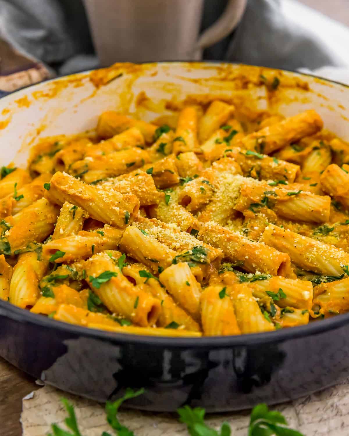 Close up of Easy Vegan Pumpkin Parmesan Pasta