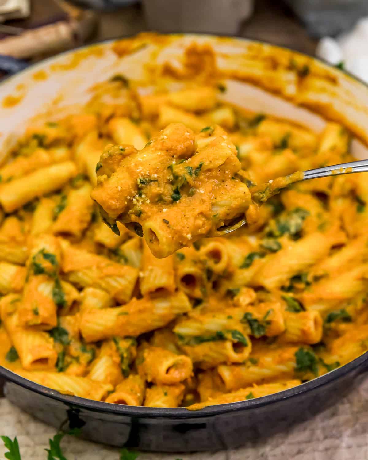 Spoonful of Easy Vegan Pumpkin Parmesan Pasta