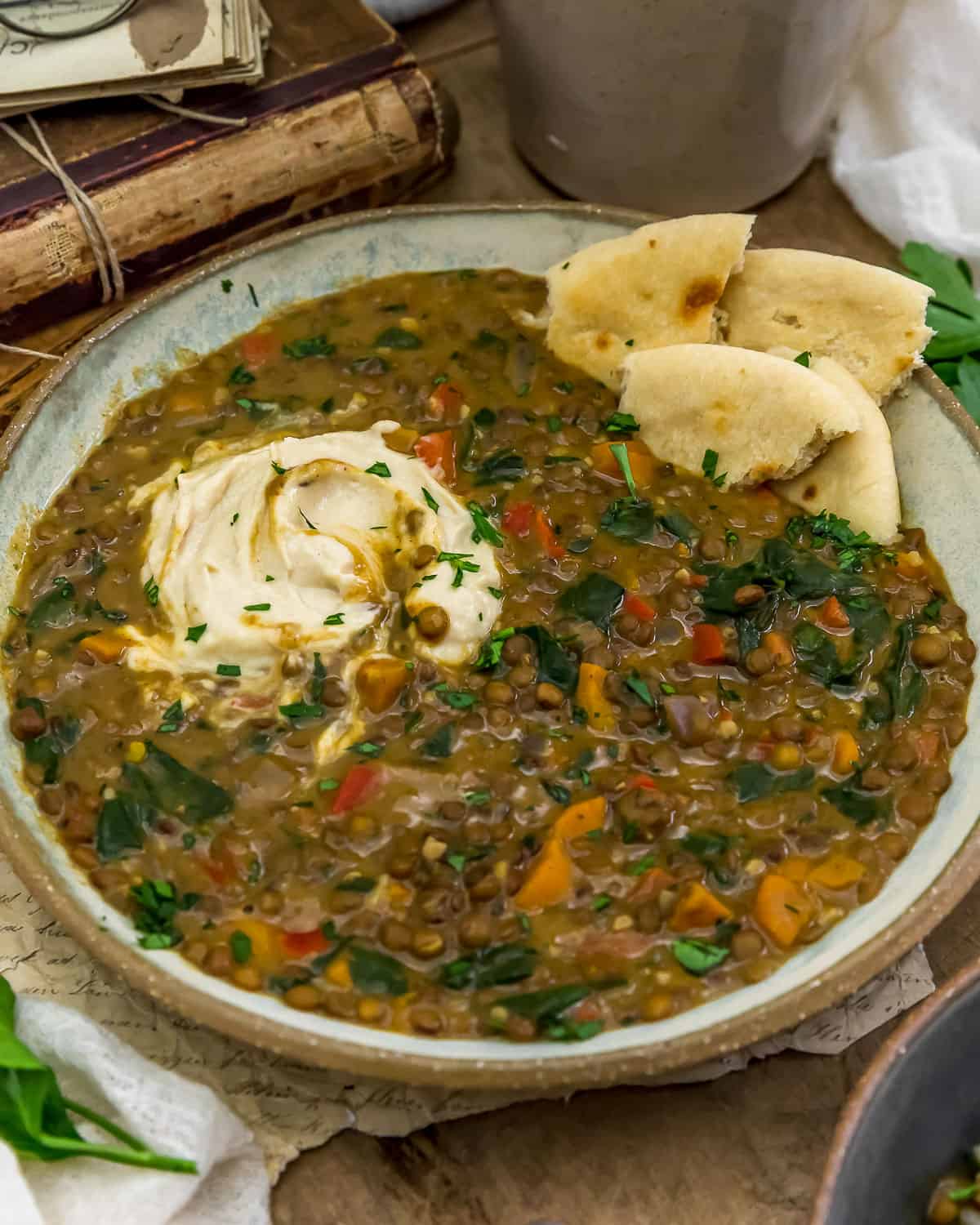 Harissa Spiced Lentil Curry with pita