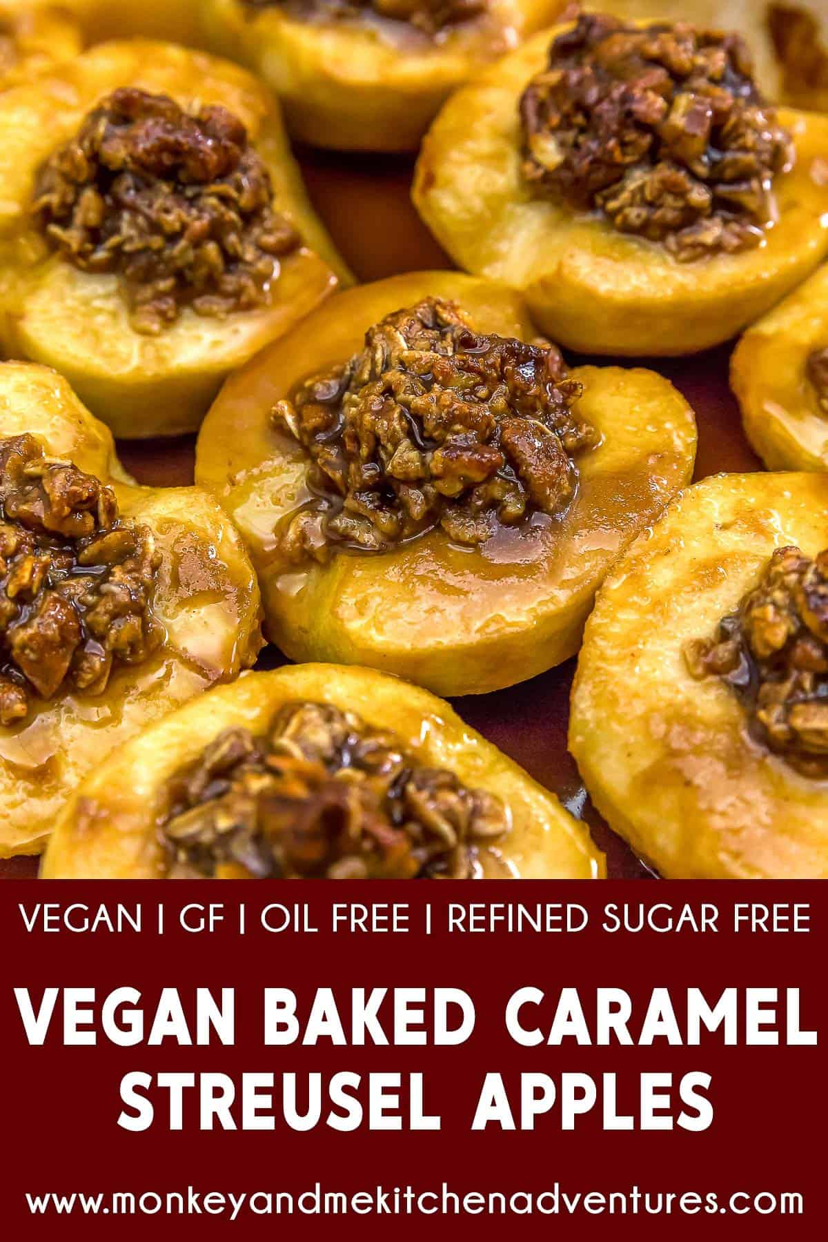 Vegan Baked Caramel Streusel Apples with text description