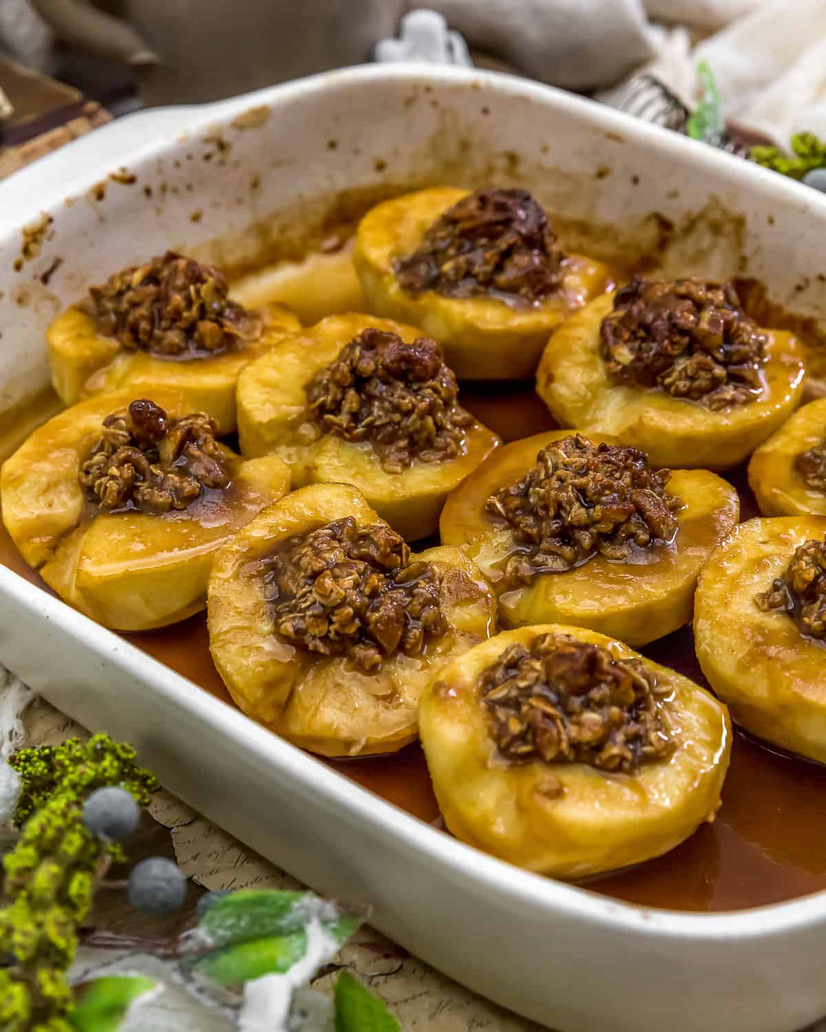 Vegan Baked Caramel Streusel Apples in a casserole dish