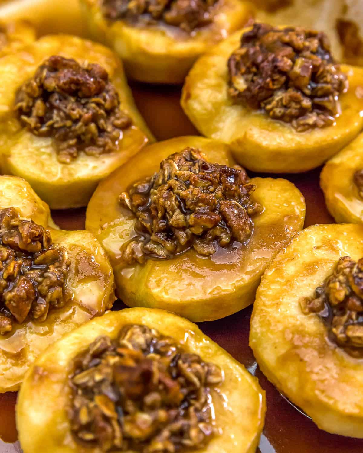 Close up of Vegan Baked Caramel Streusel Apples