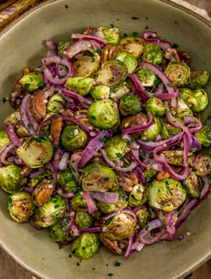 Bowl of Warm Caraway Brussels Sprouts Onion Salad