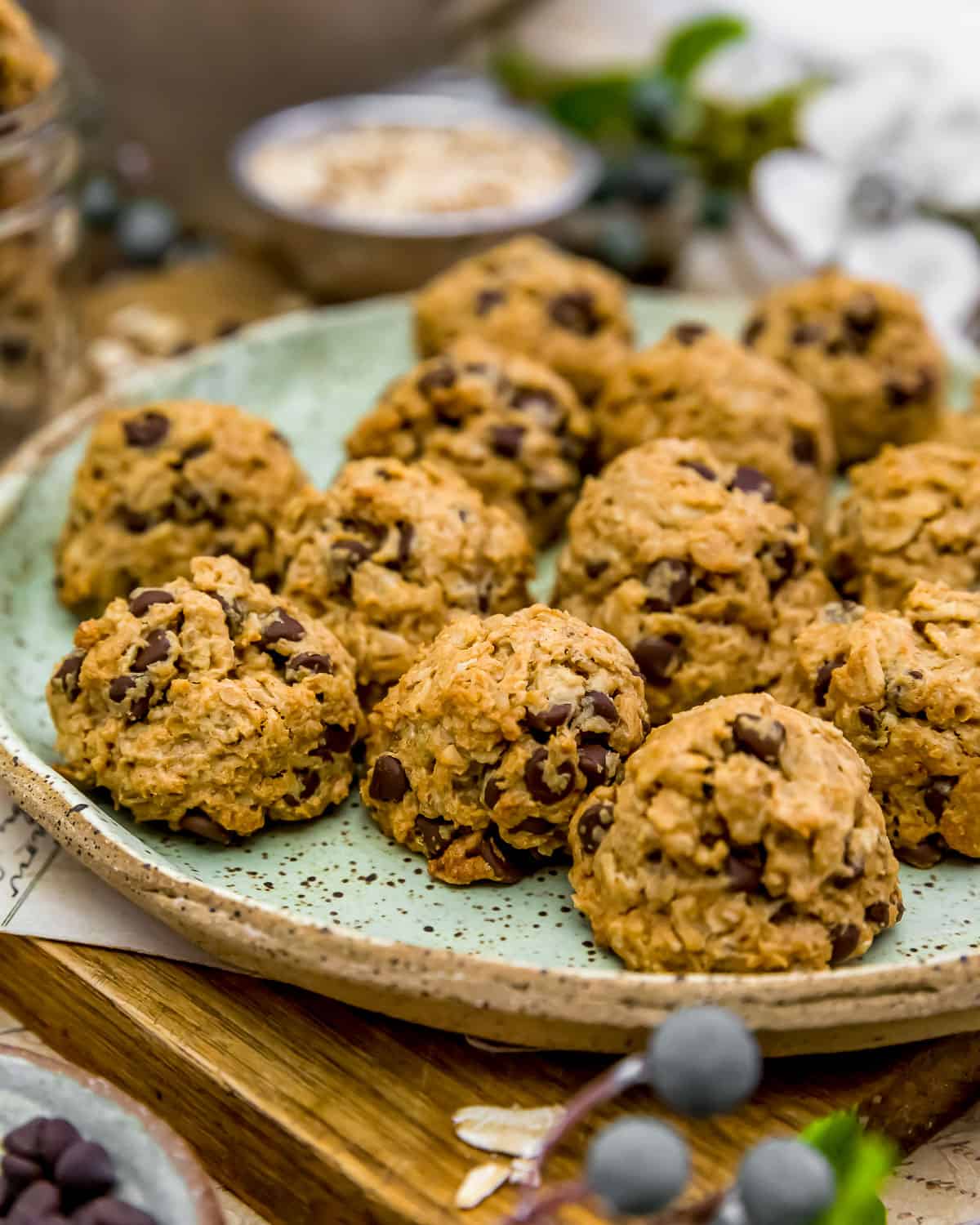 Close up of Easy Vegan Peanut Butter Oatmeal Chocolate Chip Cookies