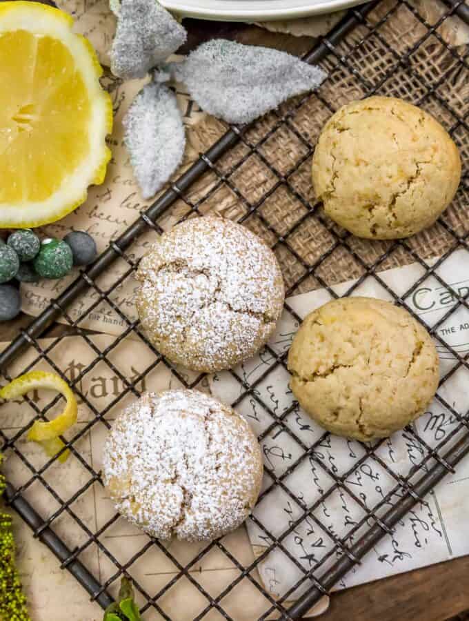 Healthy Lemon Crinkle Cookies on a cookie rack