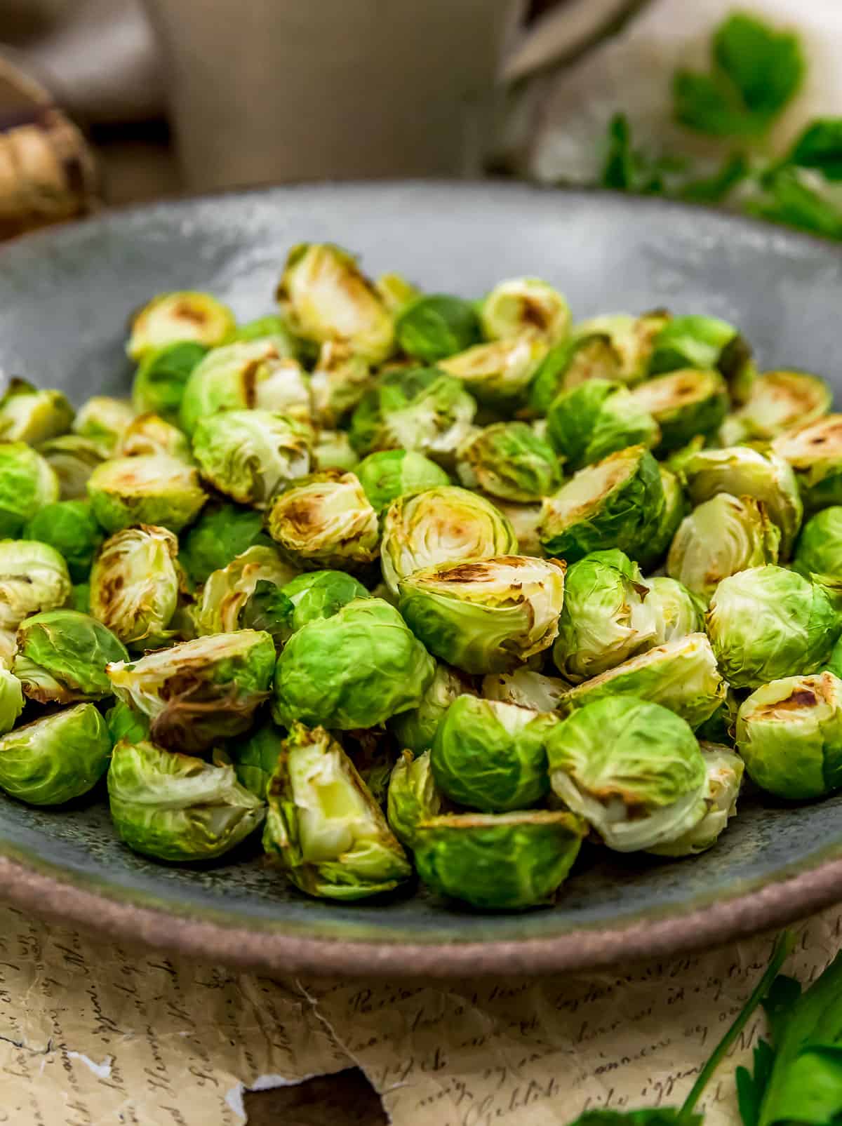 Close up of Roasted Oil Free Brussels Sprouts