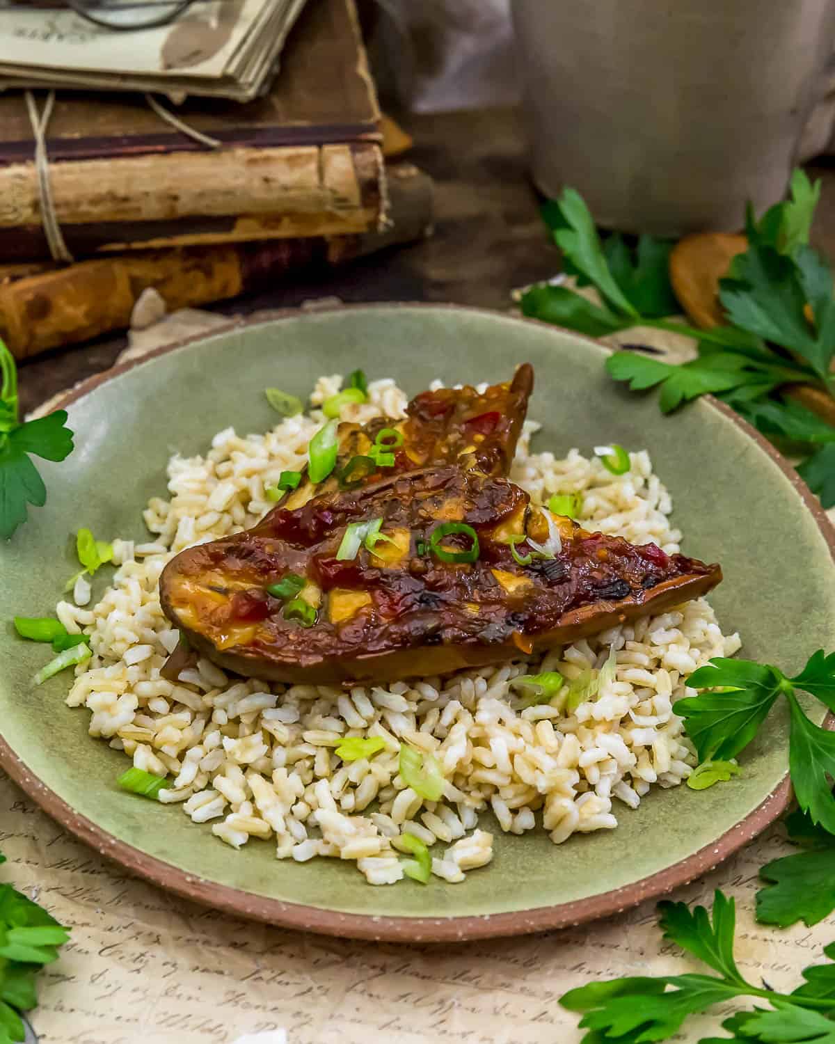 Oil Free Spicy Roasted Asian Eggplant over rice