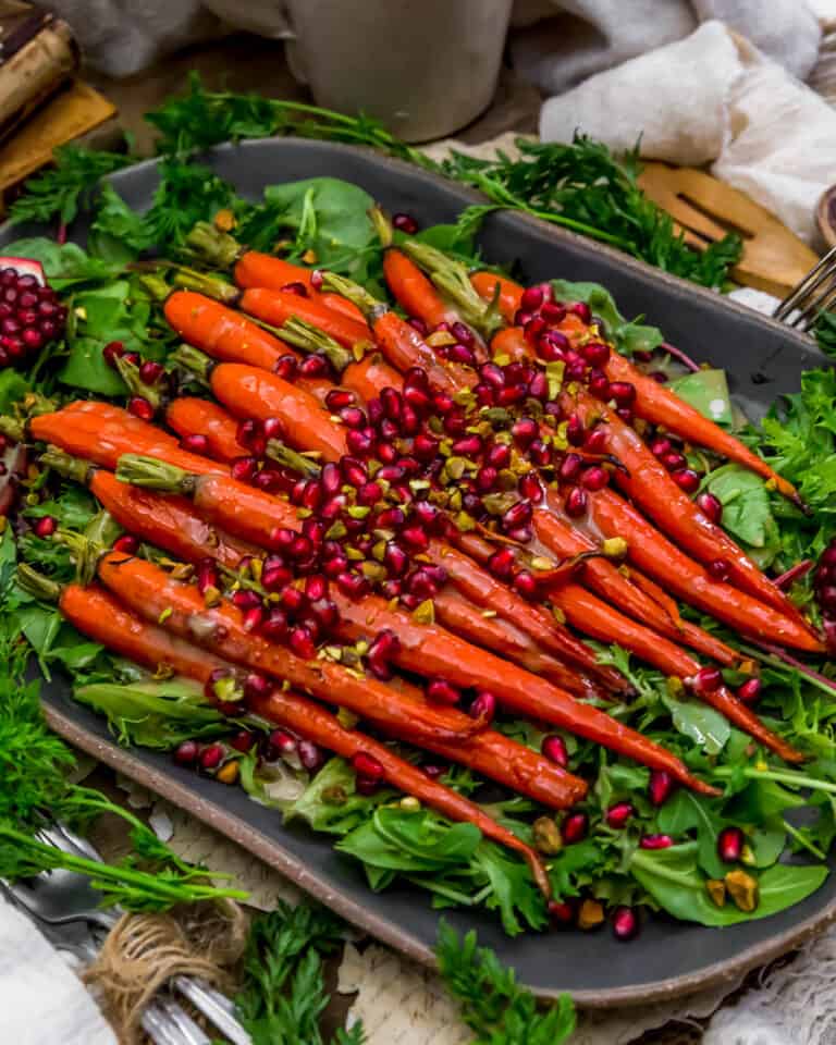 Roasted Maple Glazed Carrots in Tahini Sauce with Pomegranate and
