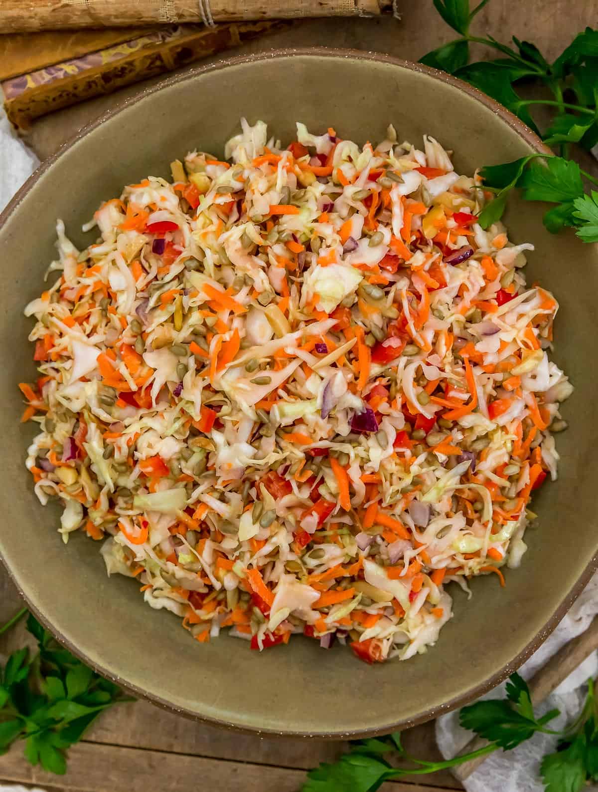Bowl of Easy Vinegar Coleslaw with Toasted Sunflower Seeds
