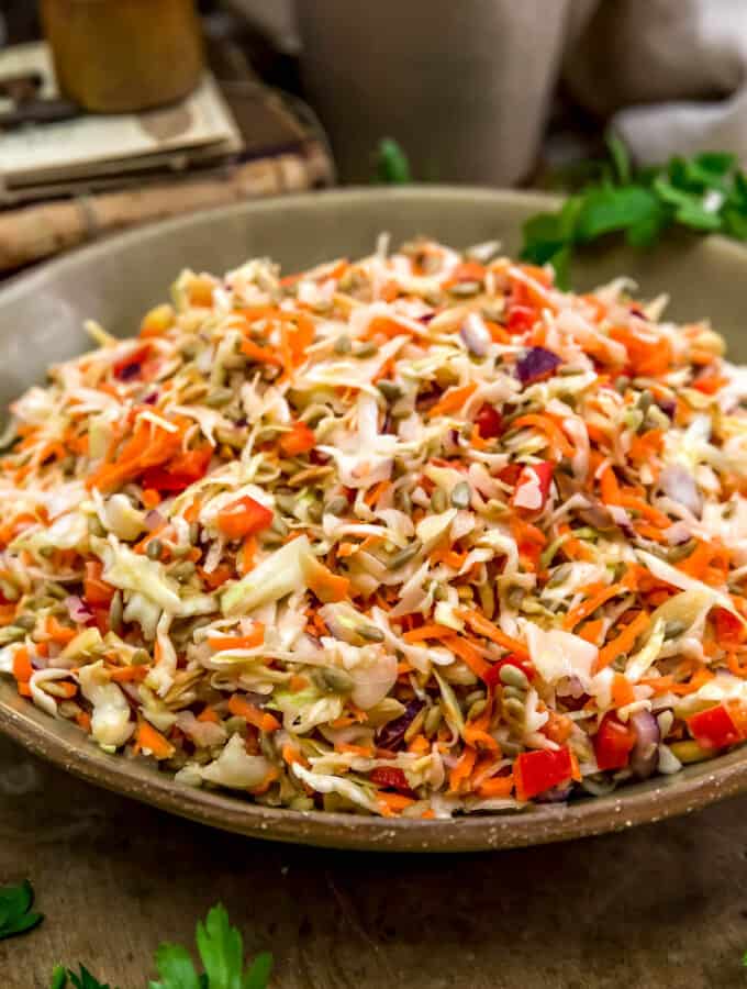 Close up of Easy Vinegar Coleslaw with Toasted Sunflower Seeds