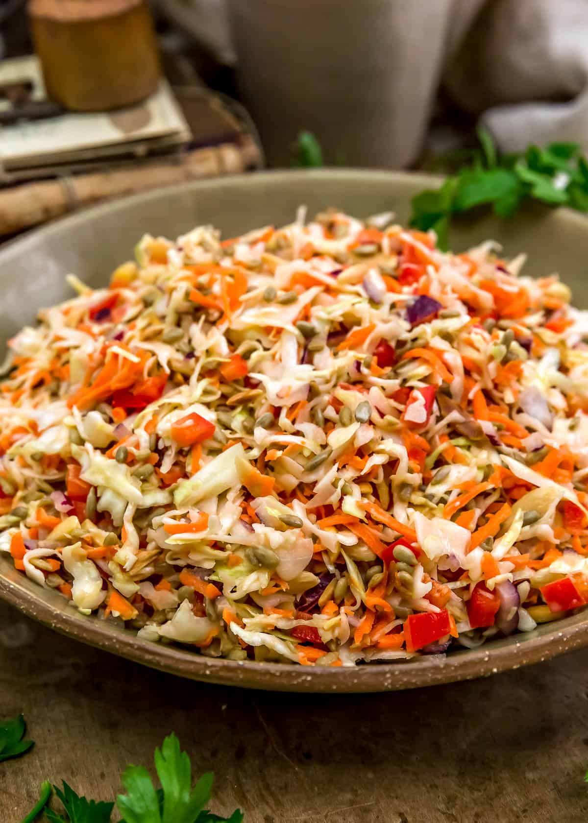 Close up of Easy Vinegar Coleslaw with Toasted Sunflower Seeds