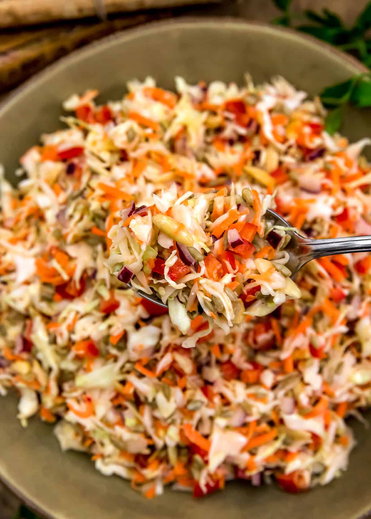 Spoonful of Easy Vinegar Coleslaw with Toasted Sunflower Seeds