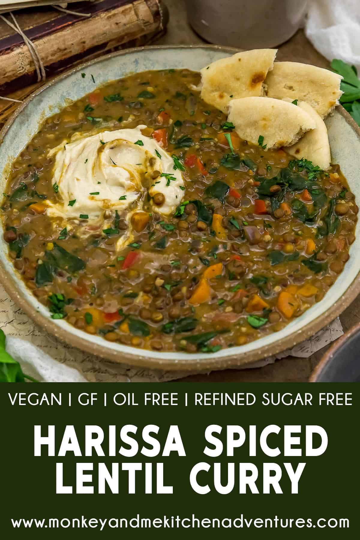 Harissa Spiced Lentil Curry with text description