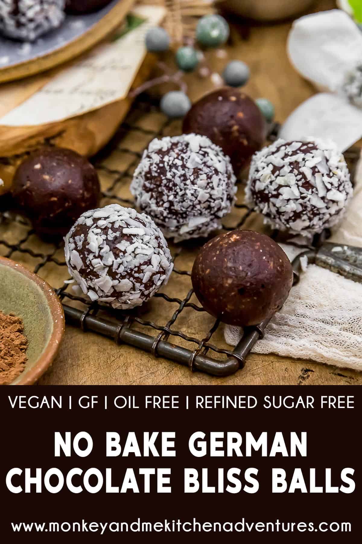 No Bake German Chocolate Bliss Balls with text description