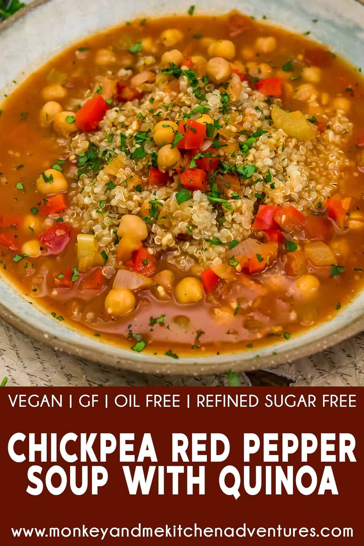 Chickpea Red Pepper Soup with Quinoa with text description