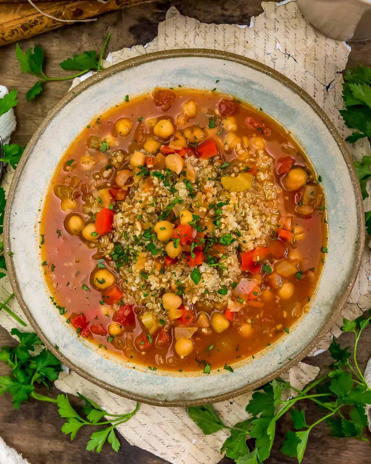 Bowl of Chickpea Red Pepper Soup with Quinoa