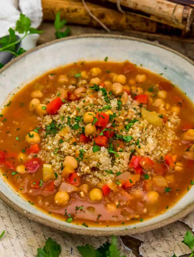 Close up of Chickpea Red Pepper Soup with Quinoa