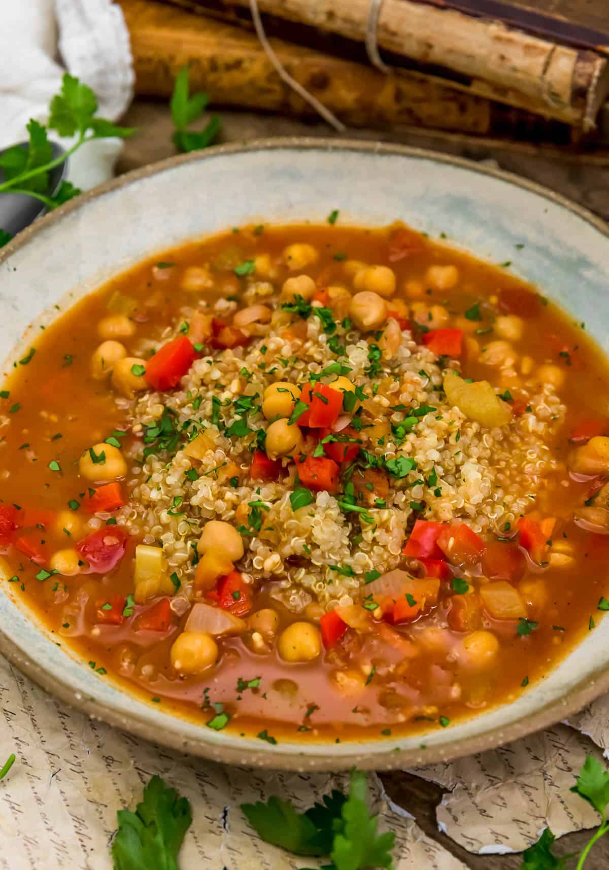 Close up of Chickpea Red Pepper Soup with Quinoa