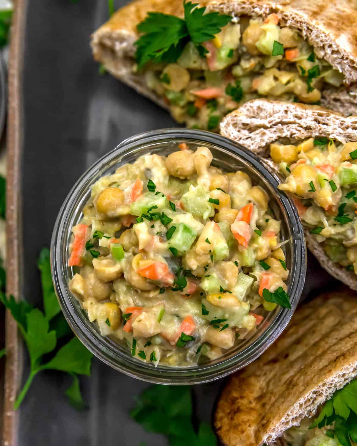 Jar of Easy Vegan Caesar Chickpea Salad