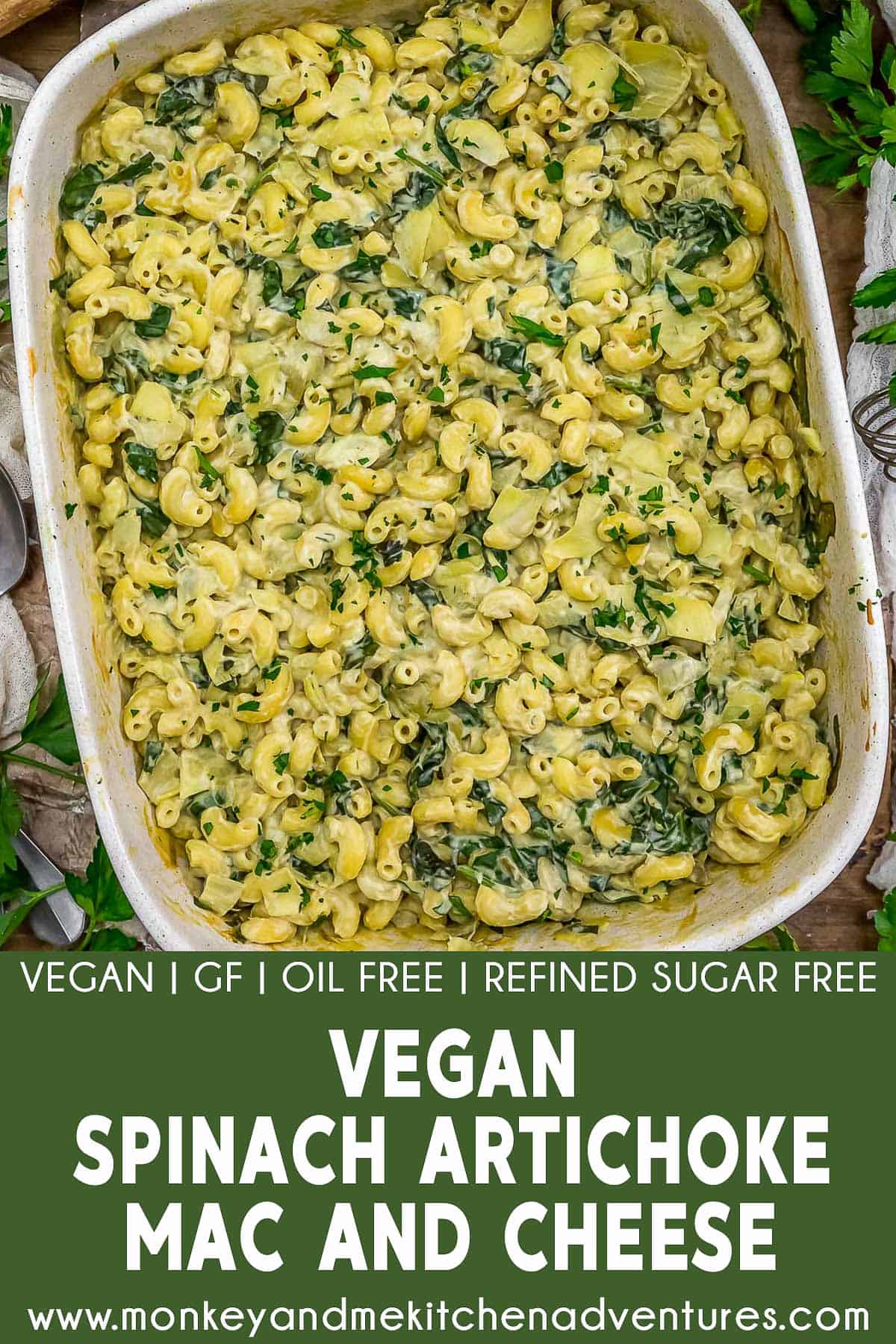 Vegan Spinach Artichoke Mac and Cheese with text description
