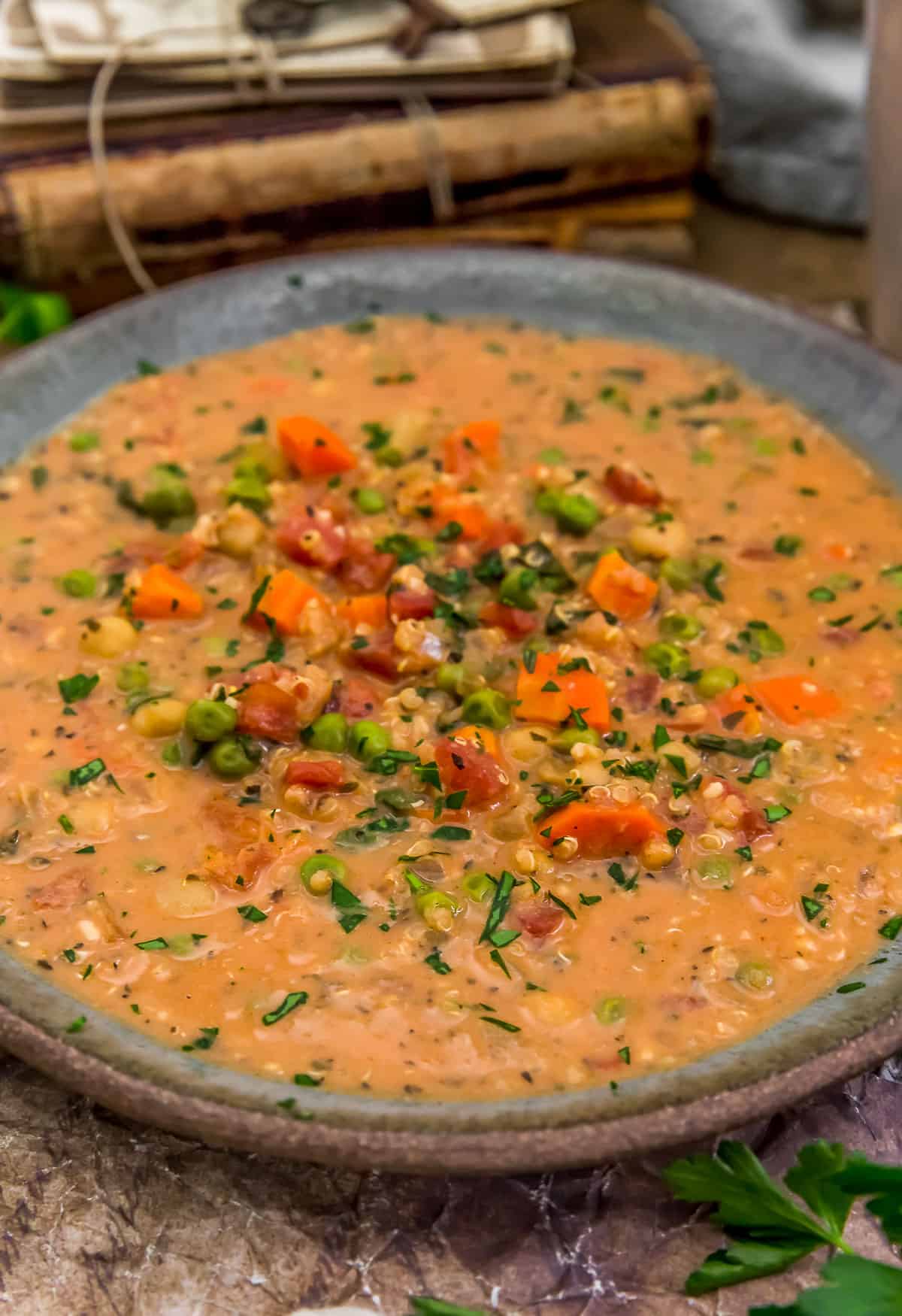 Close up of Vegan Creamy Italian Quinoa Soup