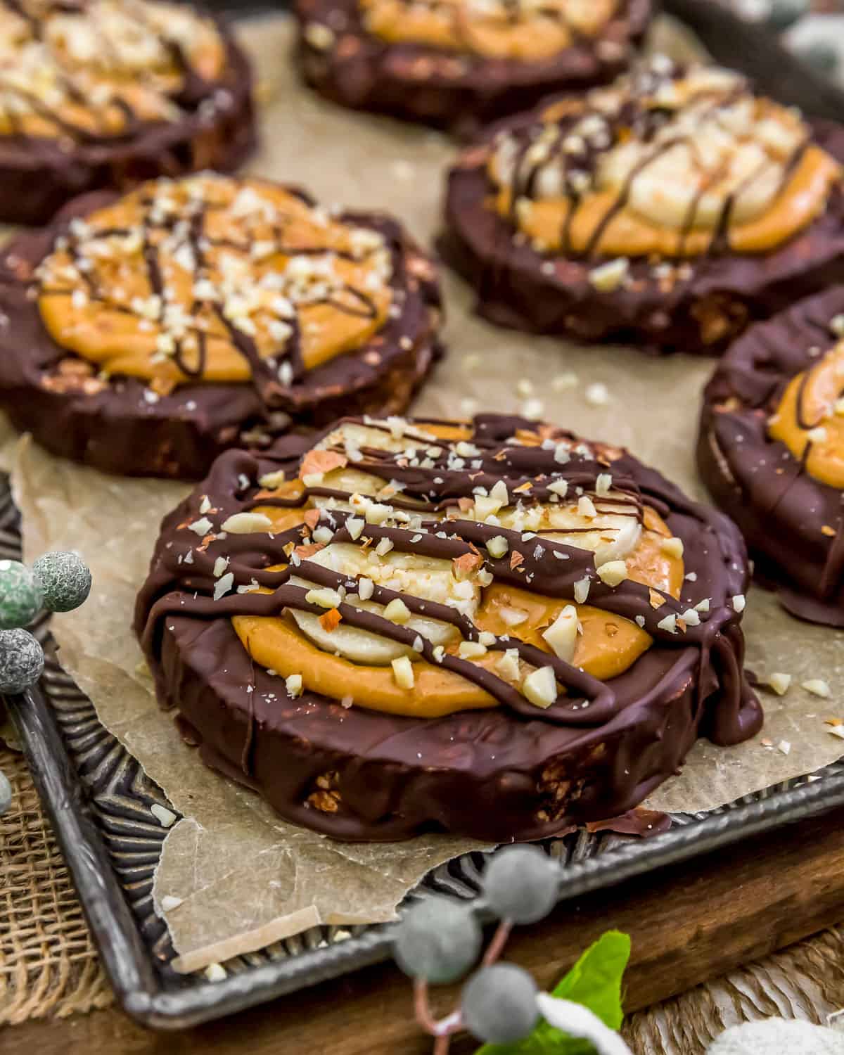 Chocolate Peanut Butter Rice Cakes on a sheet pan