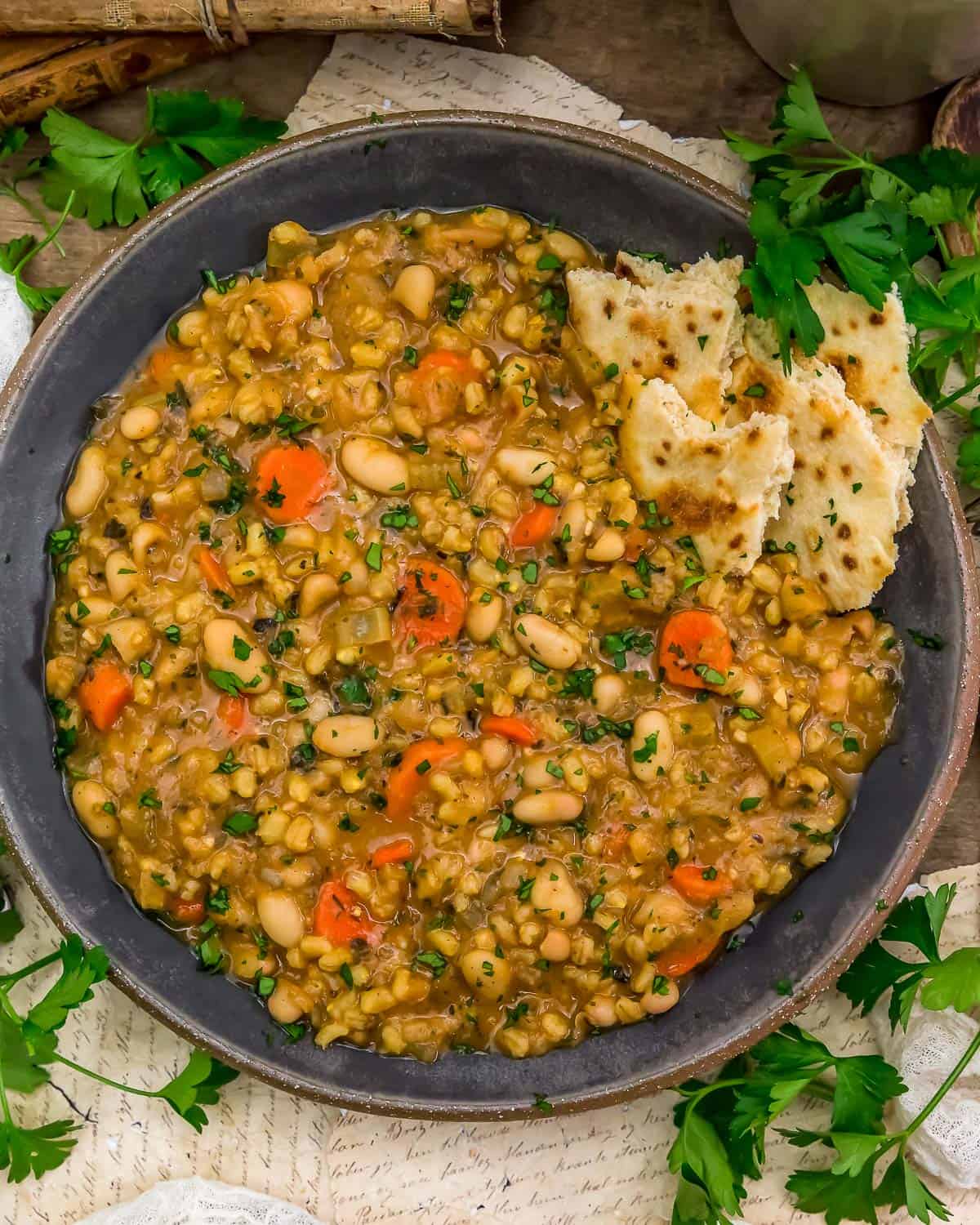 Mediterranean Bean and Barley Stew in a bowl